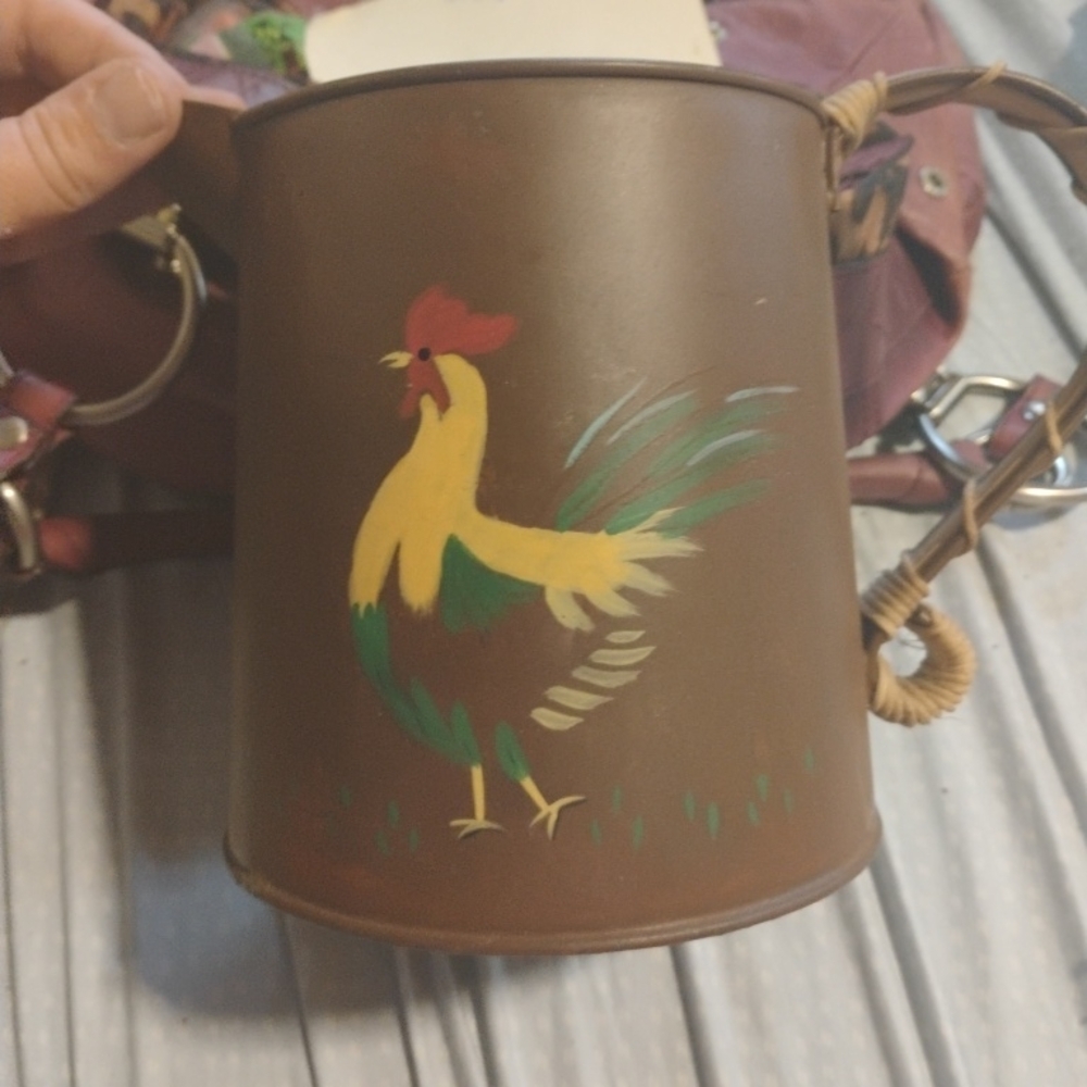 Brown Tin Mug with Rooster Design